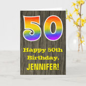 50ste verjaardag: Rustic Faux Wood Kijk, regenboog Kaart (Gele Bloem)