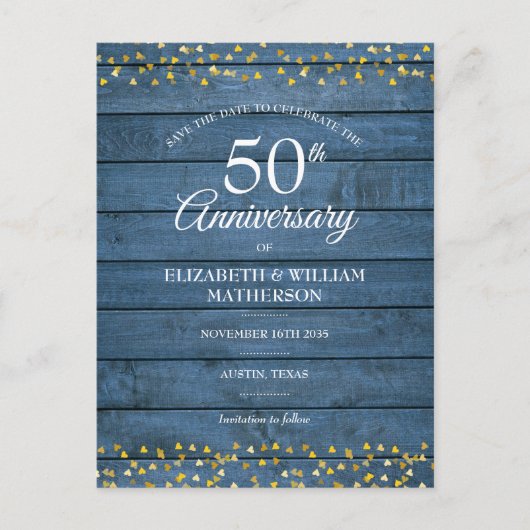 50ste verjaardag Rustieke Gouden Harten Bewaar de  Aankondigingskaart (Voorkant)