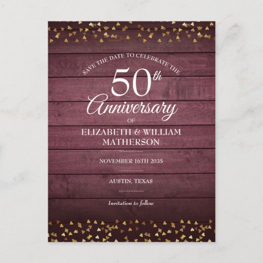 50ste verjaardag Save the Date Gouden Hartjes Rust Briefkaart (Voorkant)