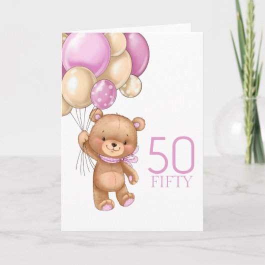 50ste verjaardag schattige roze ballonnen teddykaa kaart (Voorkant)