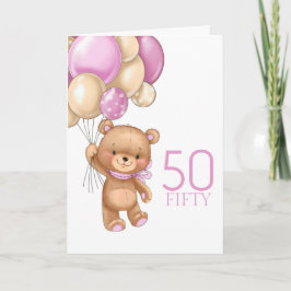 50ste verjaardag schattige roze ballonnen teddykaa kaart
