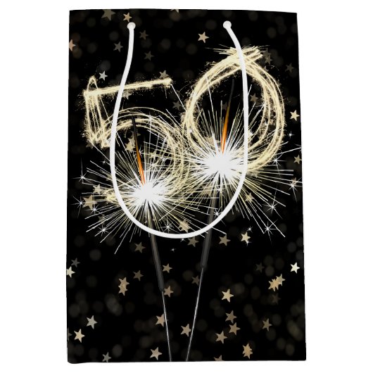 50ste verjaardag Sparklers op zwart met sterren Medium Cadeauzakje (Voorkant)