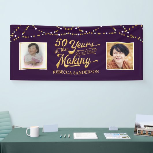 50ste verjaardag | Toen & nu foto's | Paarse & Gou Spandoek (Beurs)