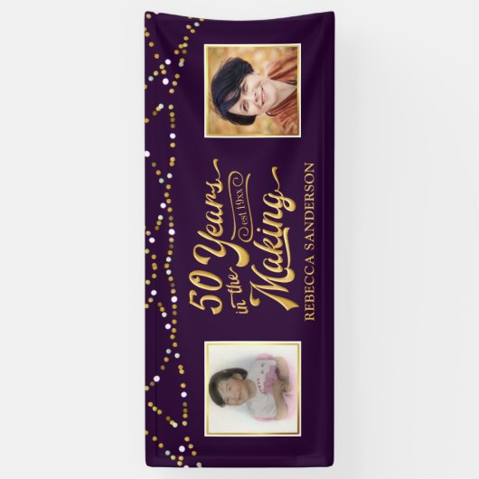 50ste verjaardag | Toen & nu foto's | Paarse & Gou Spandoek (Verticaal)