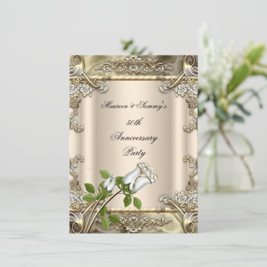 50ste verjaardag Trouwroos Goud Beige Kaart (Staand voorkant)