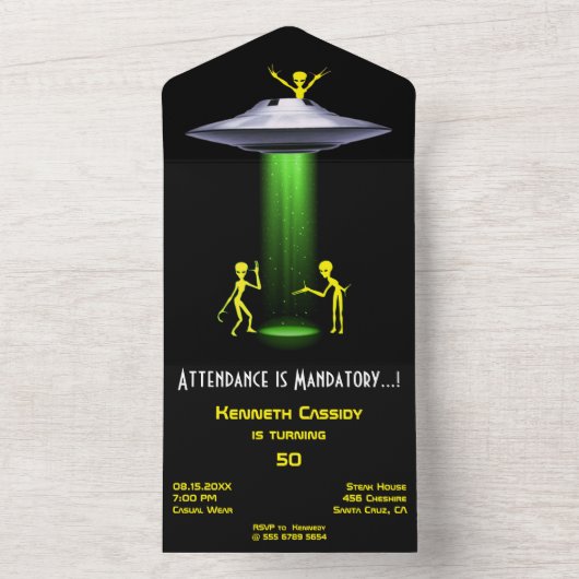 50ste verjaardag 👽 UFO Alien Abduction Party All In One Uitnodiging (Binnen)