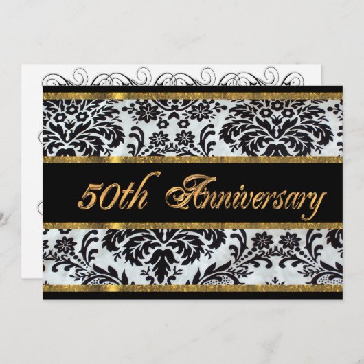 50ste verjaardag uitnodiging Black Damask (Voorkant / Achterkant)