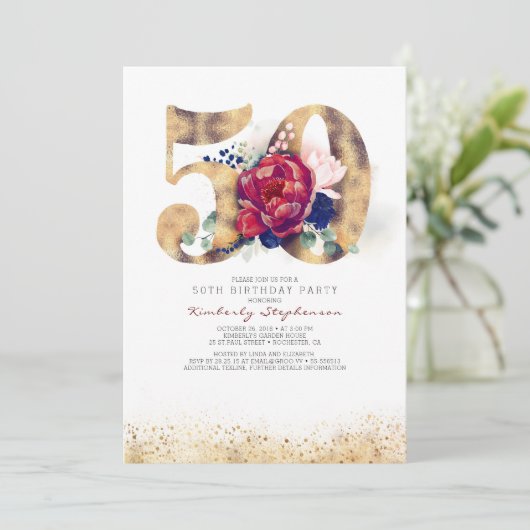 50ste verjaardag uitnodiging - Navy Blue en Bourgo (Staand voorkant)