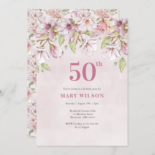 50ste verjaardag uitnodiging roze bloemetje (Voorkant / Achterkant)