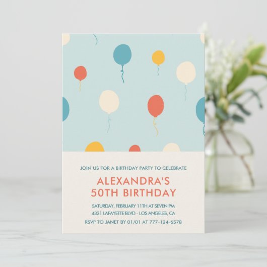 50ste verjaardag Uitnodigingen Ballonnen Eenvoudig (Staand voorkant)