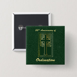 50ste verjaardag van priesterwijding groene leren vierkante button 5,1 cm