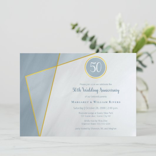 50ste verjaardag verjaardag stoffig blauw met goud kaart (Staand voorkant)