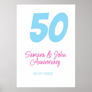 50ste verjaardag vet blauw roze naam datum elegant poster
