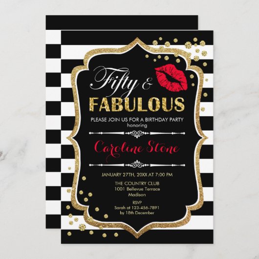 50ste verjaardag - Vijftig Fabulous Zwart Rood Gou Kaart (Voorkant / Achterkant)