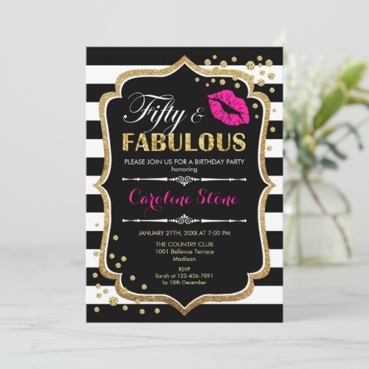 50ste verjaardag - Vijftig Fabulous Zwart Roze Gou Kaart (Staand voorkant)