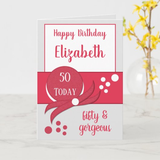 50ste verjaardag Vijftig prachtige grijs en rood Kaart (Gele Bloem)