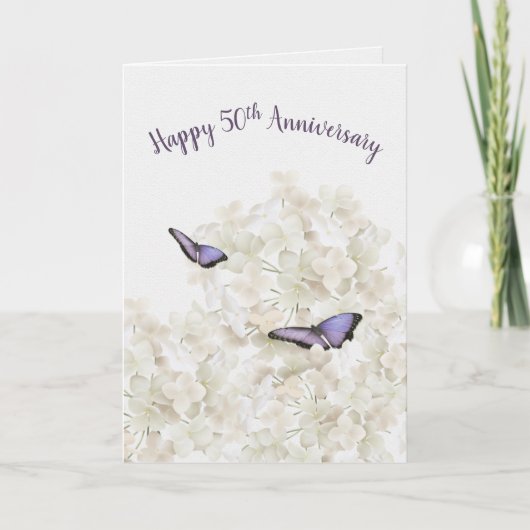 50ste verjaardag Vlinders op witte hortensia Kaart (Voorkant)