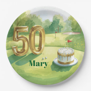 50ste verjaardag voor golfer met golfbal en bloem papieren bordje