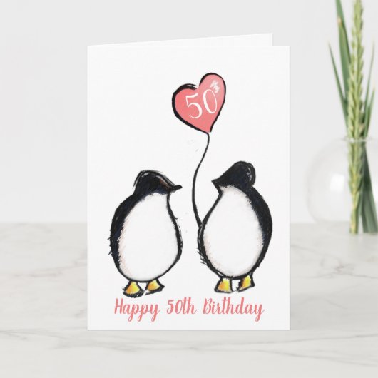 50ste verjaardag vrouw pinguïn roze hart kaart (Voorkant)