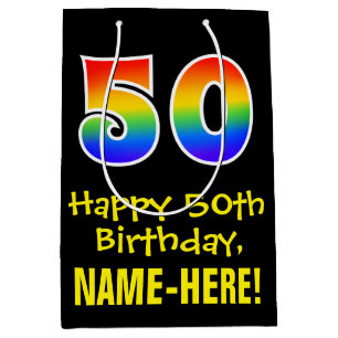 50ste verjaardag: vun, vet, kleurrijk, regenboog " medium cadeauzakje