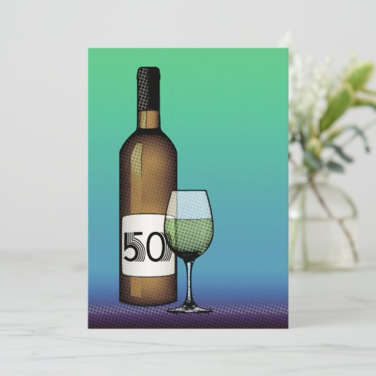 50ste verjaardag: wijnfles en glas kaart (Staand voorkant)
