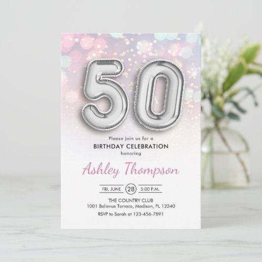 50ste verjaardag - Zilveren Ballonnen Roze Lichten Kaart (Staand voorkant)