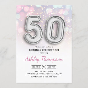 50ste verjaardag - Zilveren Ballonnen Roze Lichten Kaart