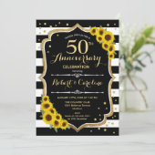 50ste verjaardag - Zonnebloemen Zwart Witte Strepe Kaart (Staand voorkant)