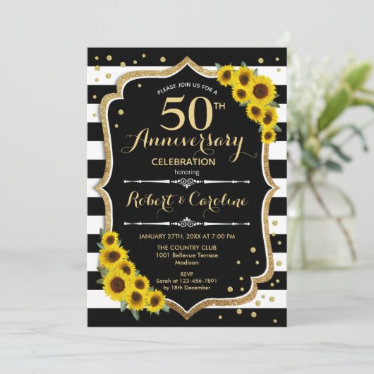 50ste verjaardag - Zonnebloemen Zwart Witte Strepe Kaart (Staand voorkant)