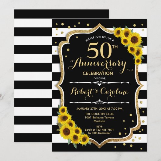 50ste verjaardag - Zonnebloemen Zwart Witte Strepe Kaart (Voorkant / Achterkant)