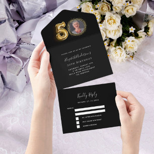 50ste verjaardag zwart goud foto RSVP All In One Uitnodiging