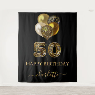 50ste verjaardag zwart goud luipaardprint ballonne wandkleed