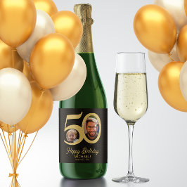 50ste verjaardag zwart goud modern foto sparkling wijnetiket