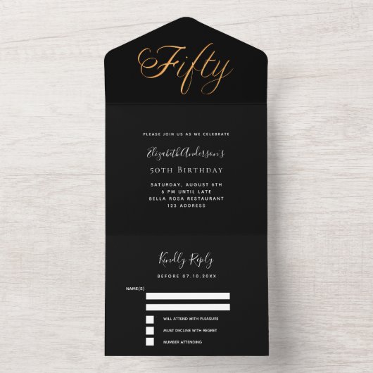 50ste verjaardag zwart goud script rsvp all in one uitnodiging (Binnen)