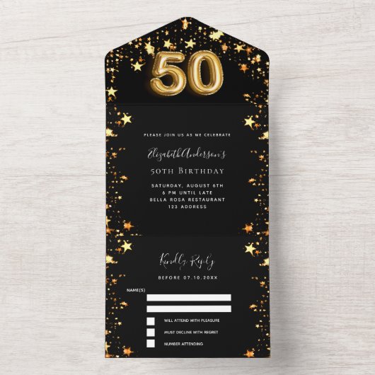 50ste verjaardag zwart goud sterren RSVP All In One Uitnodiging (Binnen)