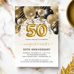 50ste verjaardag Zwart Gouden Ballonboog Feest Kaart