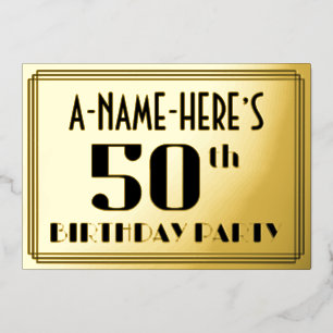 50ste verjaardagsfeest: Art Deco-look “50” en naam Folie Uitnodiging