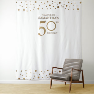 50ste verjaardagsfeest Goud Wit Confetti achtergro Wandkleed