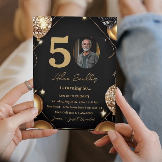 50ste verjaardagsfeest met ballonnen en glitter kaart