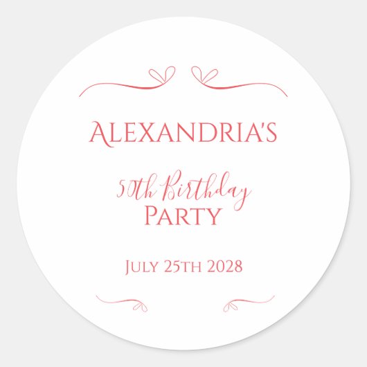 50ste Verjaardagsfeest Minimal Modern Roze Rood Ronde Sticker (Voorkant)