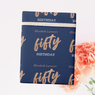 50ste Verjaardagsfeest Modern Goud & Blauw   Vijft Cadeaupapier