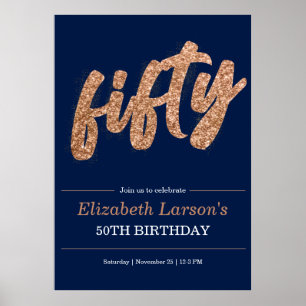 50ste verjaardagsfeest Modern Goud & Blauw   Vijft Poster
