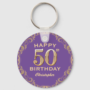 50ste verjaardagsfeest Paarse en Gouden Glitter Ka Sleutelhanger