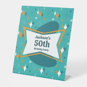 50ste Verjaardagsfeest Retro Midden Eeuw Elke Leef Reclamebord Met Voetstuk