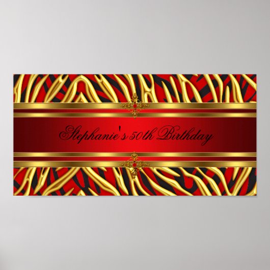50ste Verjaardagsfeest Rood Zebra Goud Zwart 2 Poster (Voorkant)