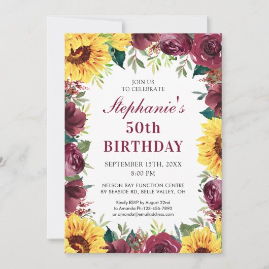 50ste verjaardagsfeest Zonnebloem bordeauxroze ran Kaart (Voorkant)