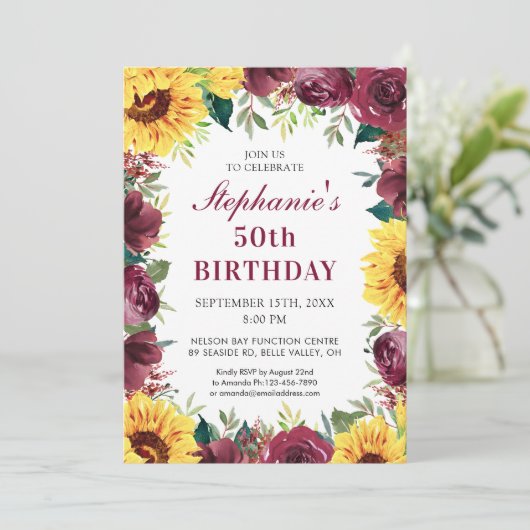 50ste verjaardagsfeest Zonnebloem bordeauxroze ran Kaart (Staand voorkant)