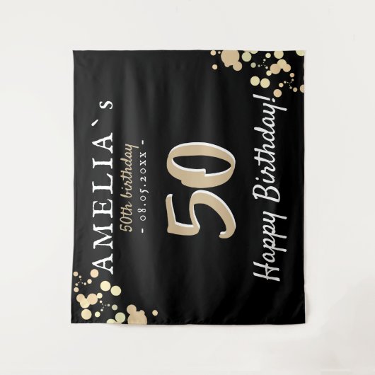 50ste verjaardagsfeest Zwart Gouden Achtergrond Wandkleed (Voorkant)