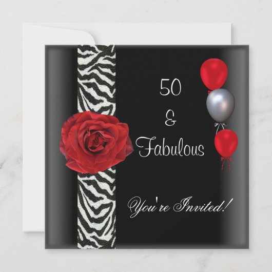 50ste Verjaardagsfeest Zwart Wit Rode Roos Zebra Kaart (Voorkant)