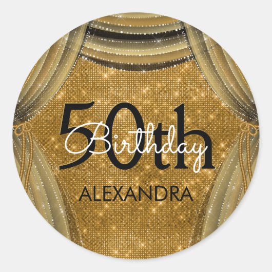 50ste verjaardagsfeestje Black and Gold Sparkle Ronde Sticker (Voorkant)